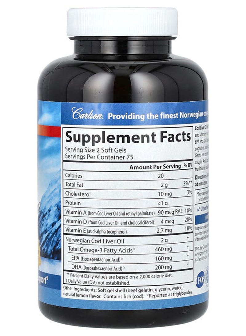 Carlson Labs Natural Lemon Flavor Cod Liver Oil Gems - 150 Soft Gels  - Image 2