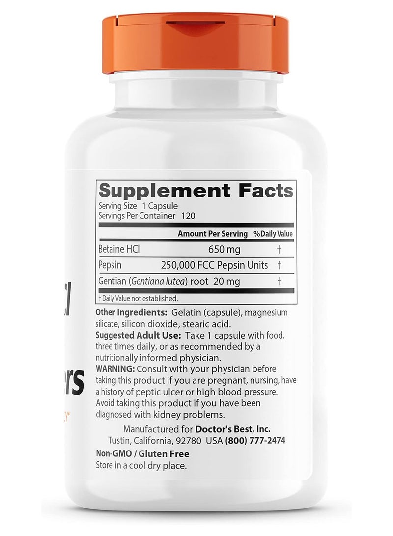 Doctor's BEST - Betaine HCL Pepsin And Gentian Bitters - 120 Capsules - Image 1