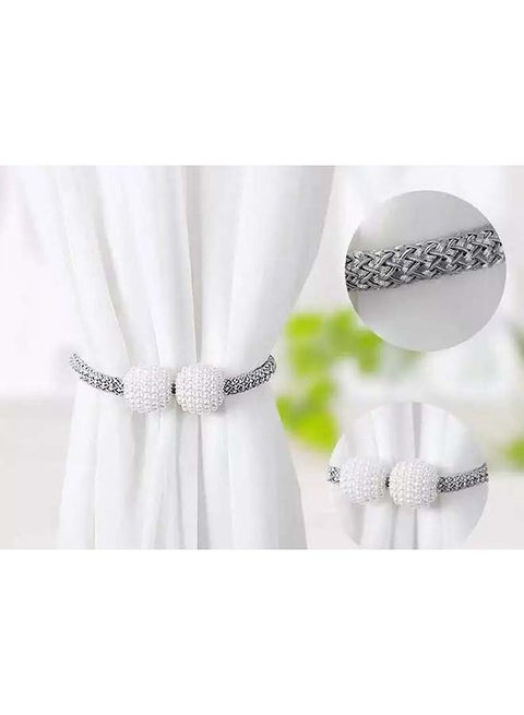 2-Piece Pearl Design Magnetic Curtain Holder Silver/White 45cm