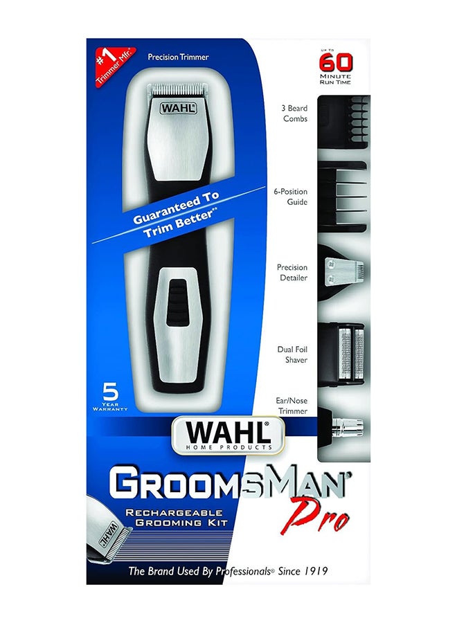 WAHL WAHL Groomsman Pro Deluxe Rechargeable Grooming Kit, Multi grooming, FOIL SHAVER, EAR/NOSE TRIMMER, Beard, and Body Trimmer, 9 different cutting lengths beard trimmer for men, 9855-1227 (Black/Silver) Black/Silver  - Image 1