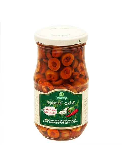 Bro Mukhtarat Sliced Green Olives With Chili In Olive Oil, 325g