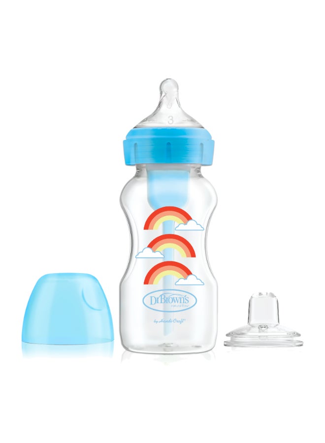Dr. Brown’s 9 Oz/270 Ml Pp W-N Anti-Colic Options+ Blue Rainbows Bottle With Sippy Spout (+L3 Nipple In Bottle), 1-Pack - Image 1
