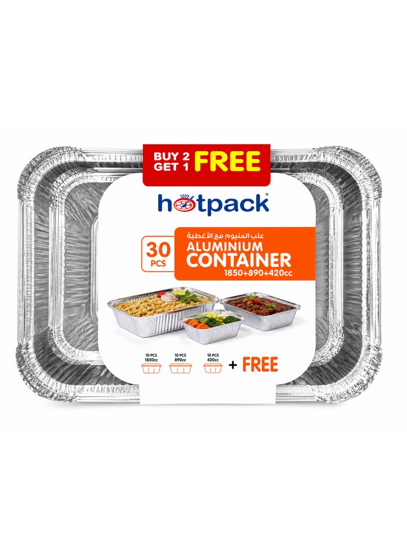 Hotpack Aluminium Food Storage Container Combo Pack, 10 X 1850 Cc + 10 X 890 Cc + 10 X 420 Cc silv