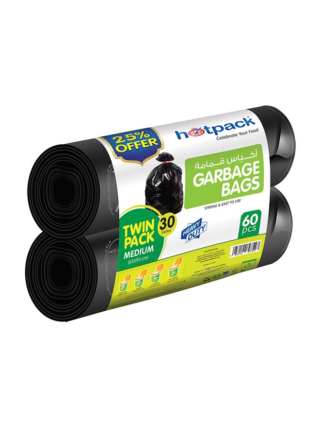 Hotpack Disposable Strong & Bio-Degradable Garbage Roll Twin Pack, 30 Gallon 65x95cm, 60 Pieces Black 65x95cm - Image 1