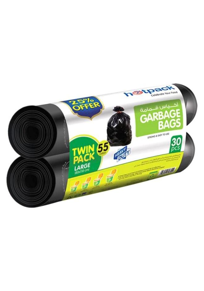 Hotpack Disposable Strong & Bio-Degradable Heavy Duty Twin Pack Garbage Roll Large, 55 Gallon, 80x110cm, 30 Pieces Black 80x110cm - Image 1