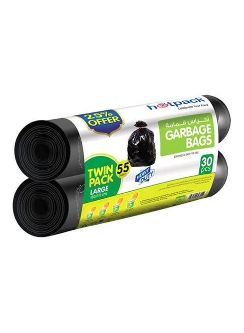 Hotpack Disposable Strong & Bio-Degradable Heavy Duty Twin Pack Garbage Roll Large, 55 Gallon, 80x110cm, 30 Pieces Black 80x110cm