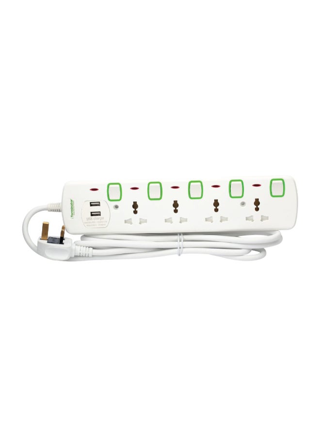 Terminator Power Extension 4 Socket 2 USB Charging Ports with 3 Meter Cable - TPB 854U White
