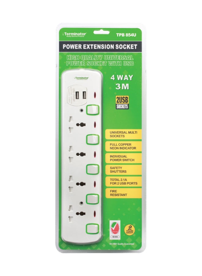 Terminator Power Extension 4 Socket 2 USB Charging Ports with 3 Meter Cable - TPB 854U White