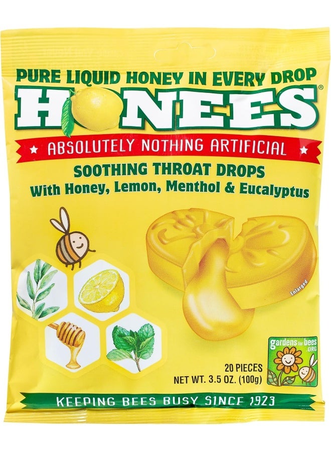 Honees Soothing Throat Drops With Honey Lemon Menthol & Eucalyptus 20 Pieces 3.5 Oz 100G Packaging May Vary - Image 1