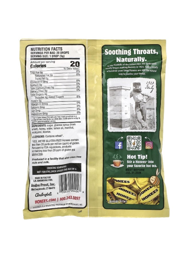 Honees Soothing Throat Drops With Honey Lemon Menthol & Eucalyptus 20 Pieces 3.5 Oz 100G Packaging May Vary - Image 3