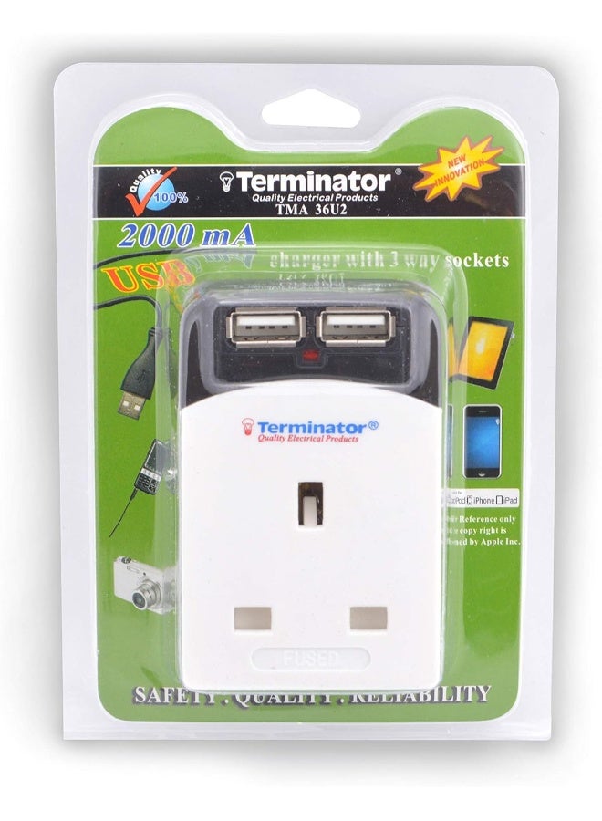 Terminator - 3 Way Multi Adaptor Socket White 96cm - Image 1