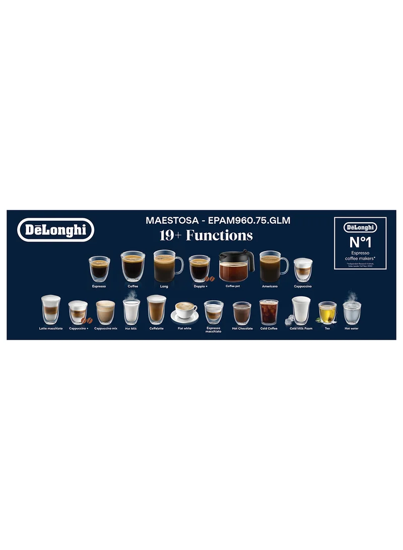 De'Longhi Maestosa Fully Automatic Bean To Cup Coffee Machine With In Built Grinder,Smart One Touch Hot Chocolate,Cappuccino,LatteMacchiato,Espresso Maker App Lin 1 L 1450 W EPAM960.75.GLM Black/Silver
