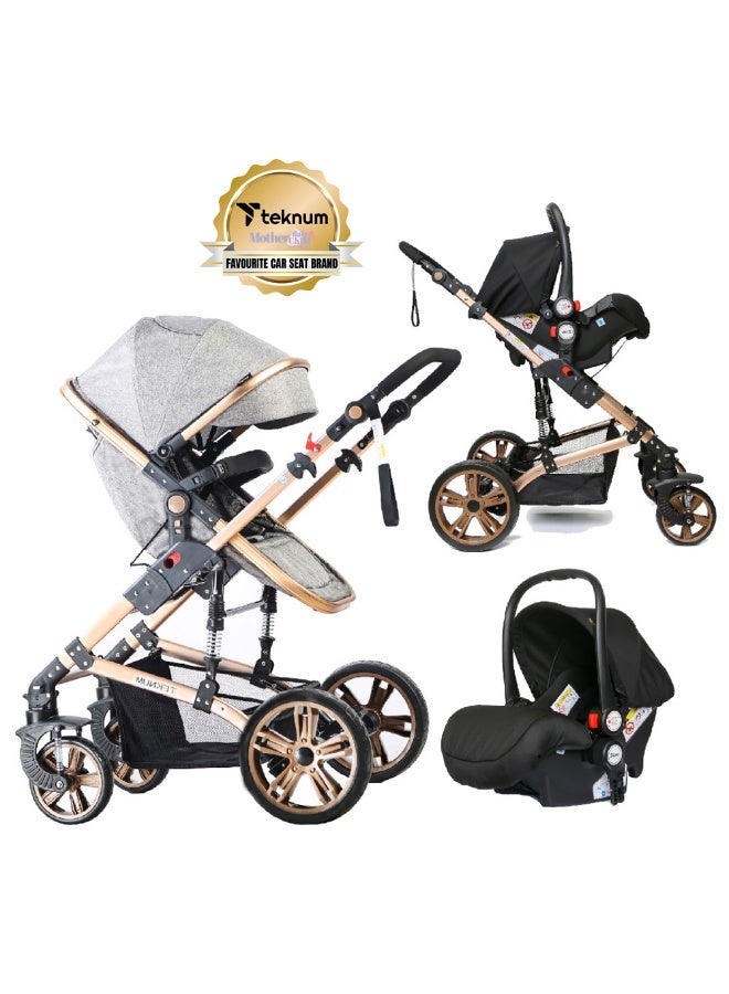 TEKNUM 3 In1 Pram Stroller, Sleeping Bassinet And Extra Wide Seat With Wide Canopy For Baby Grey - Image 2