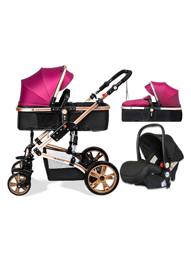 TEKNUM 3 In1 Pram Stroller, Sleeping Bassinet And Extra Wide Seat With Wide Canopy For Baby Wine  - Image 1