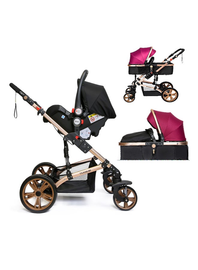 TEKNUM 3 In1 Pram Stroller, Sleeping Bassinet And Extra Wide Seat With Wide Canopy For Baby Wine  - Image 2