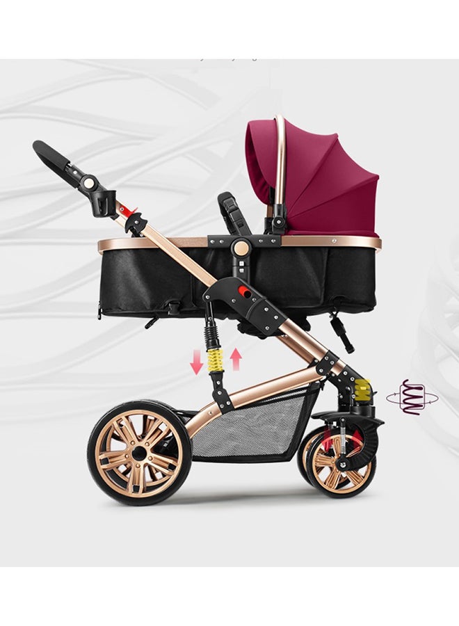 3 In1 Pram Stroller, Sleeping Bassinet And Extra Wide Seat With Wide Canopy For Baby Wine