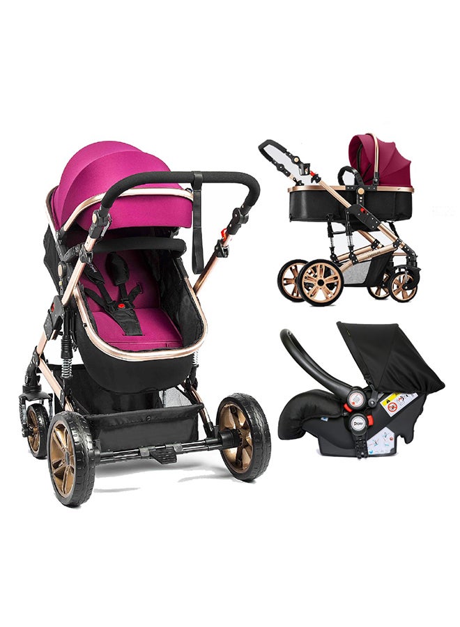 TEKNUM 3 In1 Pram Stroller, Sleeping Bassinet And Extra Wide Seat With Wide Canopy For Baby Wine  - Image 3