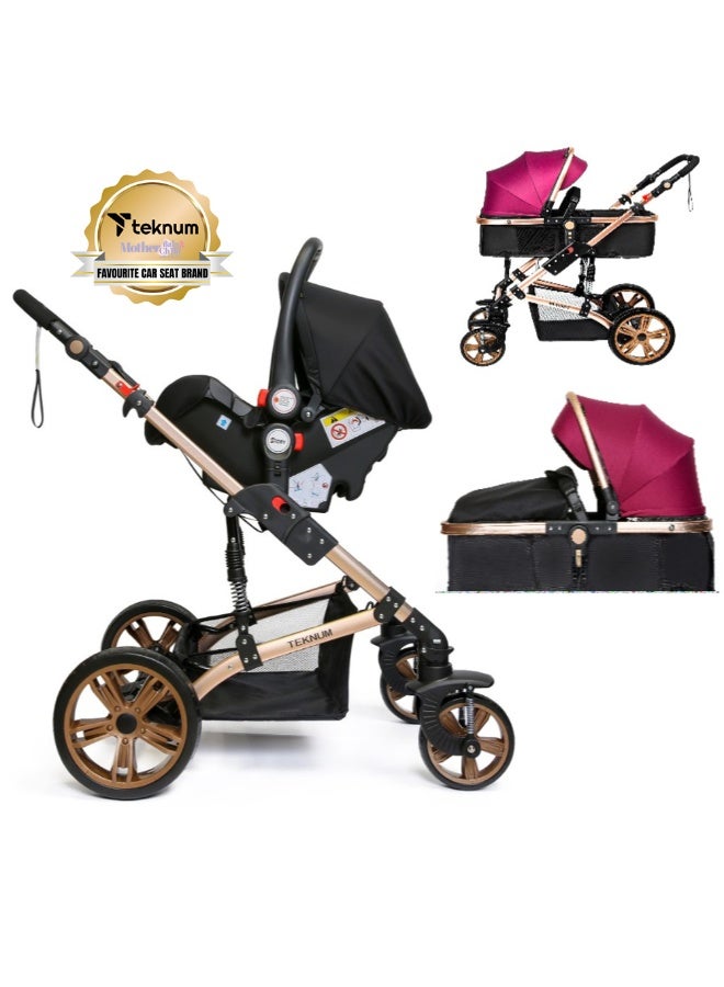 تيكنوم عربة أطفال 3 في 1 مع مهد طفل للنوم ومقعد سيارة للطفل الرضيع،  مناسبة من عمر يوم حتى 3 سنوات- لون خمري - Image 2