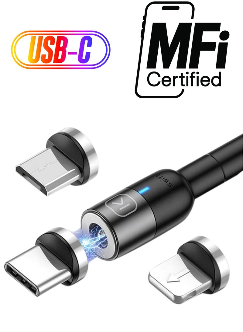 Usams 3-In-1 Magnetic Charging Cable Type-c Lightning And Micro USB Black - Image 1
