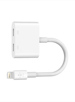 belkin MFi Certified Lightning Charging With  Dual Functionality Adapter For iPhone And iPad Pass Audio Headphones White  - Image 1