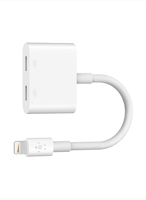 MFi Certified Lightning Charging With  Dual Functionality Adapter For iPhone And iPad Pass Audio Headphones White