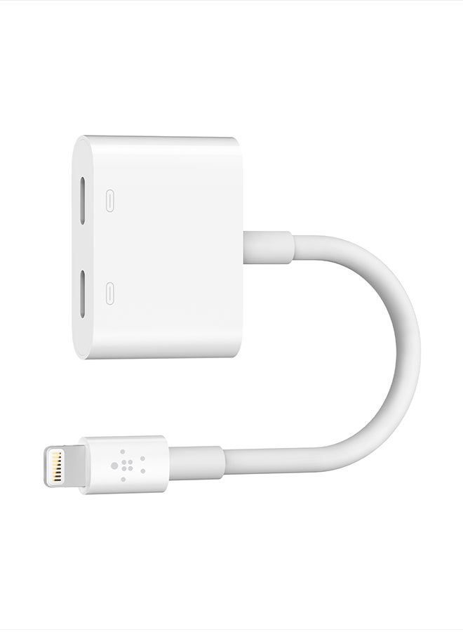 belkin - MFi Certified Lightning Charging With  Dual Functionality Adapter For iPhone And iPad Pass Audio Headphones White - Image 1