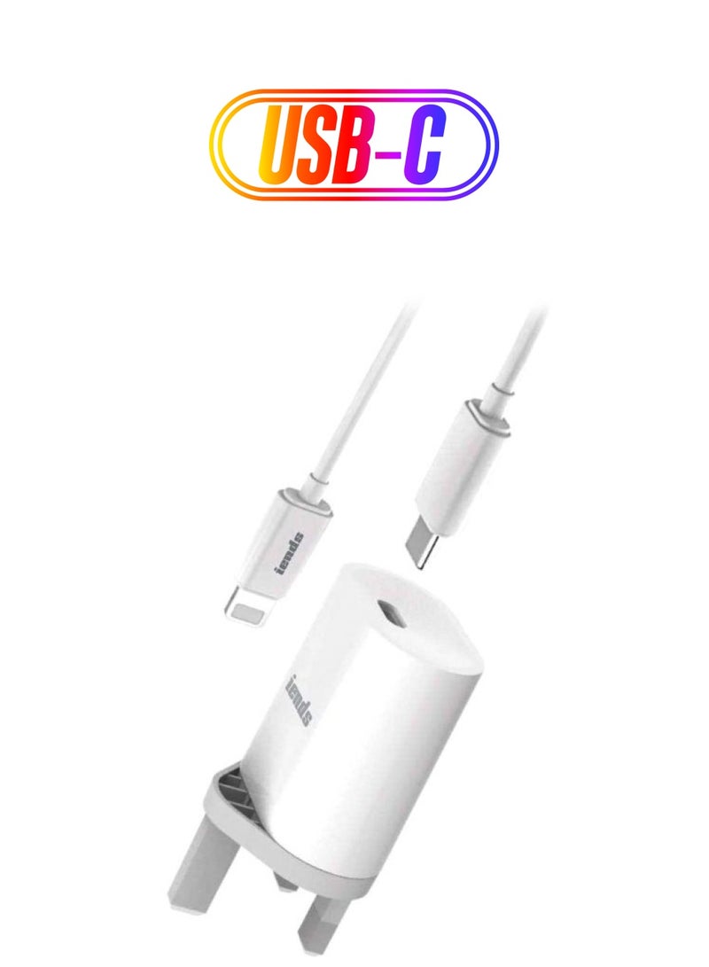 آيندز شاحن جداري لتوصيل الطاقة مع كابل USB-C إلى Lightning أبيض  - Image 1