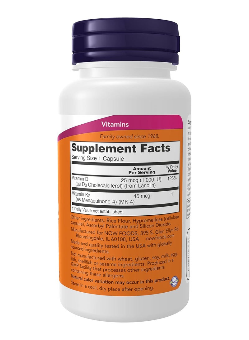 Now Foods Vitamin D3 And K2, 1,000 Iu/45 Mcg, 120 Capsules - Image 2