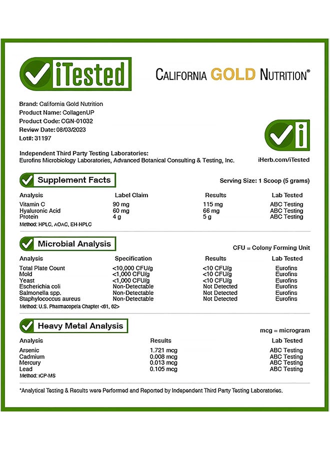 California Gold Nutrition - Collagenup Marine Collagen + Hyaluronic Acid + Vitamin C Unflavored 206G - Image 1