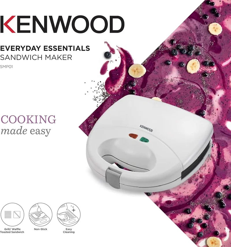 KENWOOD Sandwich Maker, 2 in 1, Grill, 2 Multi functional Plates, Non Stick, SMP01.A0WH