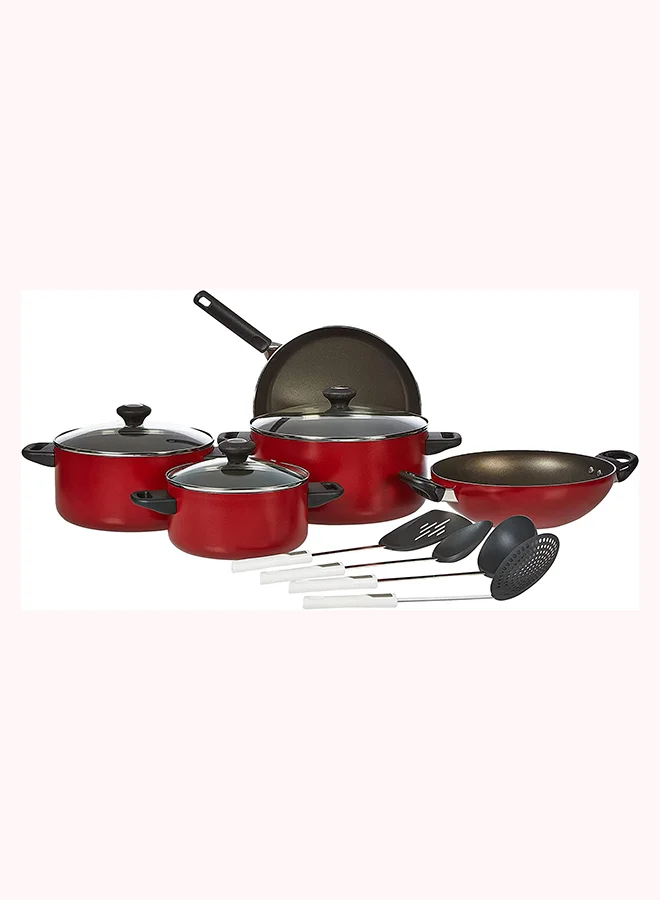 برستيج 12-Piece Non-Stick Aluminium Cookware Set With Kettle Includes 3 xCasserole 20 cm,24cm,3xLids, Skillet 28 cm, 4xKitchen Tools Red