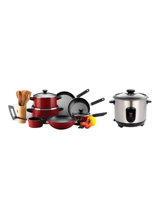 Prestige 16-Piece Cookware Set And Rice Cooker Red 