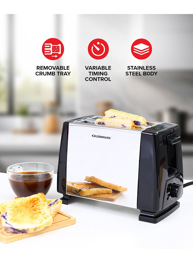 2-Slice Bread Toaster with  Stainless Steel Body, Auto Pop-Up, Lift & Look Feature,  Cancel, Reheat & Defrost Functions,  Adjustable Temperature Control & Removable Crumb Tray 800 W OMBT2398 Silver/Black