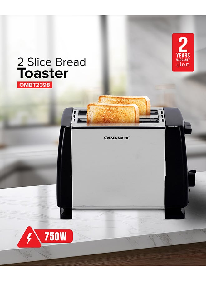 2-Slice Bread Toaster with  Stainless Steel Body, Auto Pop-Up, Lift & Look Feature,  Cancel, Reheat & Defrost Functions,  Adjustable Temperature Control & Removable Crumb Tray 800 W OMBT2398 Silver/Black