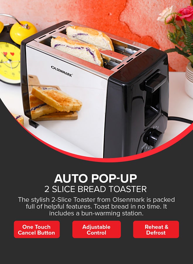 2-Slice Bread Toaster with  Stainless Steel Body, Auto Pop-Up, Lift & Look Feature,  Cancel, Reheat & Defrost Functions,  Adjustable Temperature Control & Removable Crumb Tray 800 W OMBT2398 Silver/Black