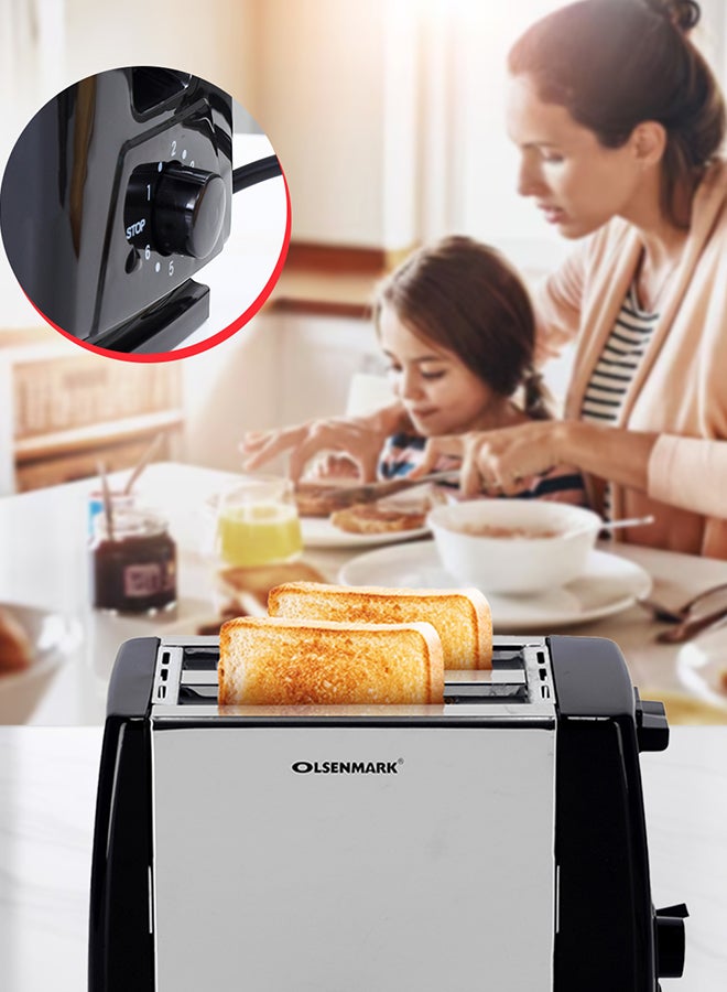 2-Slice Bread Toaster with  Stainless Steel Body, Auto Pop-Up, Lift & Look Feature,  Cancel, Reheat & Defrost Functions,  Adjustable Temperature Control & Removable Crumb Tray 800 W OMBT2398 Silver/Black
