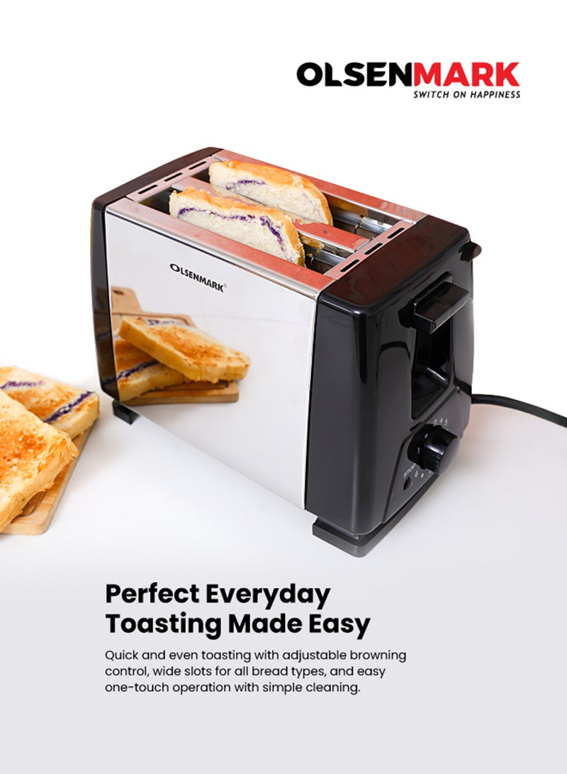 Olsenmark 2-Slice Bread Toaster with Stainless Steel Body, Auto Pop-Up, Lift & Look Feature, Cancel, Reheat & Defrost Functions, Adjustable Temperature Control & Removable Crumb Tray 800 W OMBT2398 Silver/Black - Image 3