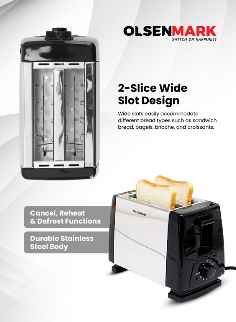 Olsenmark 2-Slice Bread Toaster with Stainless Steel Body, Auto Pop-Up, Lift & Look Feature, Cancel, Reheat & Defrost Functions, Adjustable Temperature Control & Removable Crumb Tray 800 W OMBT2398 Silver/Black - Image 2