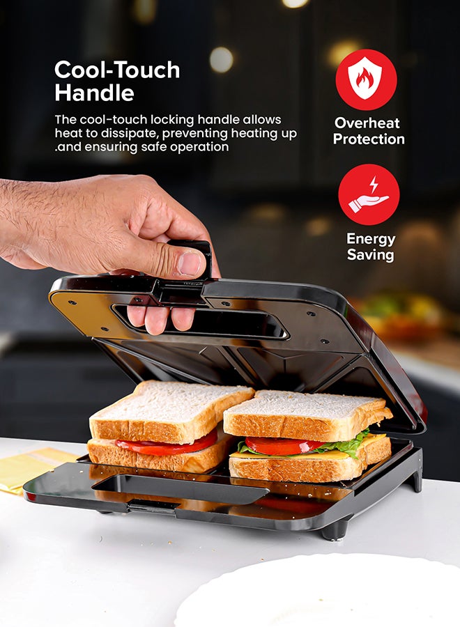 Sandwich Toaster/Toastie Maker With Deep Fill Non-Stick Hot Plates – 4-Slice Electric Grill Press Perfect For Toasted Cheese Snacks 750 W OMSM2404 Black