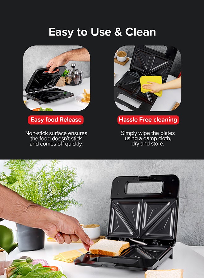 Sandwich Toaster/Toastie Maker With Deep Fill Non-Stick Hot Plates – 4-Slice Electric Grill Press Perfect For Toasted Cheese Snacks 750 W OMSM2404 Black