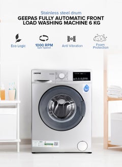 GEEPAS 6 KG Fully Automatic Front Load Washing Machine|Eco-Logic, LED Display Equipped with 15 Programs including Child Lock, Quick Wash, Delay, Easy Care, Cotton, etc| 6 kg Capacity and 44 L Drum Capacity 1000 RPM| 1 Year Warranty 2100 W GWMF6109STN Metallic Grey  - Image 1