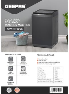 GEEPAS 10 kg Fully Automatic Top Loader Washing Machine | Auto-Imbalance, Gentle Fabric Care, Fuzzy Logic, Child Lock, Stainless Steel Drum | 1 Year Warranty 10 kg 930 W GFWM1109GX Black  - Image 2