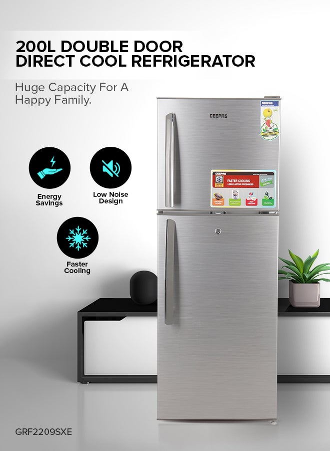 GEEPAS - 200L Gross/130L Net Capacity, Direct Cool Double Door Defrost Refrigerator With Grip Handle| Silver Finish, Glass Shelves, Transparent Door Basket, Adjustable Front Wheel, Lock & Key, Low Noise, Quick Cooling, Low Voltage,Freezer- 40L capacity GRF2209SXE Silver - Image 1