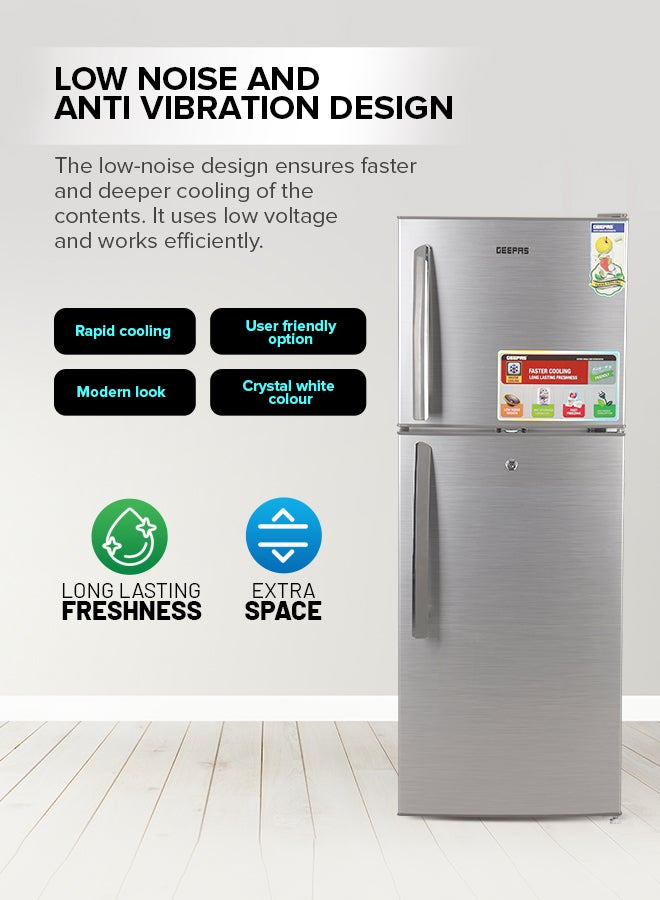 GEEPAS - 200L Gross/130L Net Capacity, Direct Cool Double Door Defrost Refrigerator With Grip Handle| Silver Finish, Glass Shelves, Transparent Door Basket, Adjustable Front Wheel, Lock & Key, Low Noise, Quick Cooling, Low Voltage,Freezer- 40L capacity GRF2209SXE Silver - Image 1