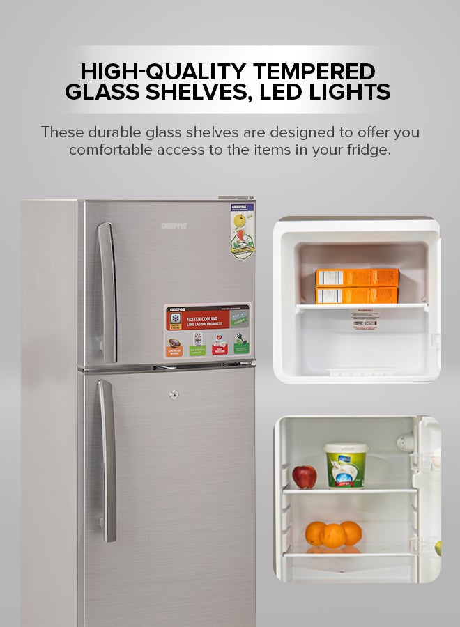 GEEPAS - 200L Gross/130L Net Capacity, Direct Cool Double Door Defrost Refrigerator With Grip Handle| Silver Finish, Glass Shelves, Transparent Door Basket, Adjustable Front Wheel, Lock & Key, Low Noise, Quick Cooling, Low Voltage,Freezer- 40L capacity GRF2209SXE Silver - Image 1