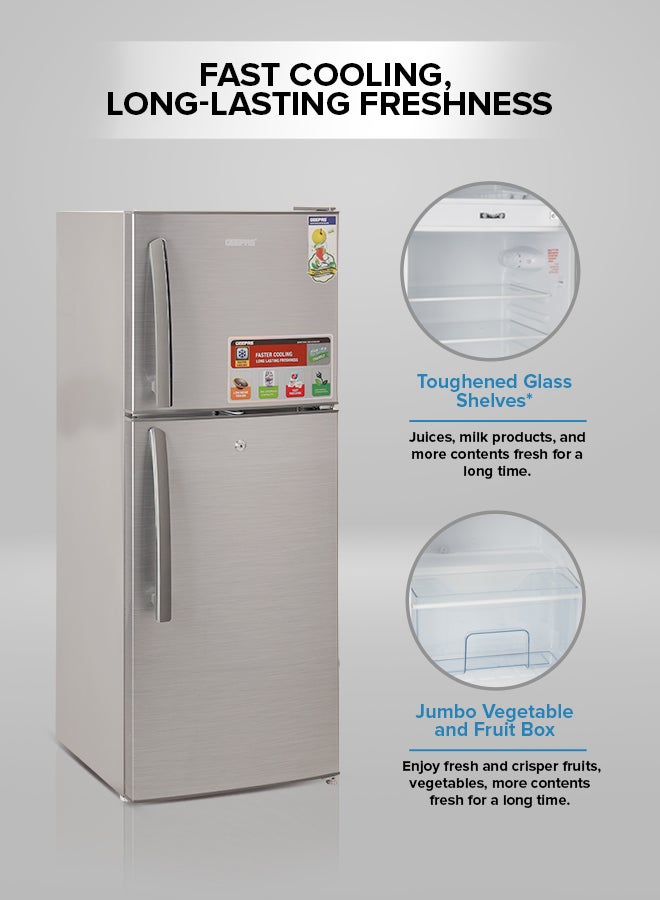 GEEPAS - 200L Gross/130L Net Capacity, Direct Cool Double Door Defrost Refrigerator With Grip Handle| Silver Finish, Glass Shelves, Transparent Door Basket, Adjustable Front Wheel, Lock & Key, Low Noise, Quick Cooling, Low Voltage,Freezer- 40L capacity GRF2209SXE Silver - Image 1