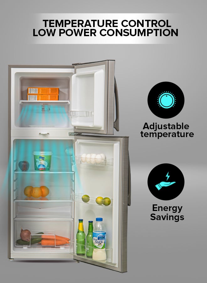 GEEPAS - 200L Gross/130L Net Capacity, Direct Cool Double Door Defrost Refrigerator With Grip Handle| Silver Finish, Glass Shelves, Transparent Door Basket, Adjustable Front Wheel, Lock & Key, Low Noise, Quick Cooling, Low Voltage,Freezer- 40L capacity GRF2209SXE Silver - Image 1