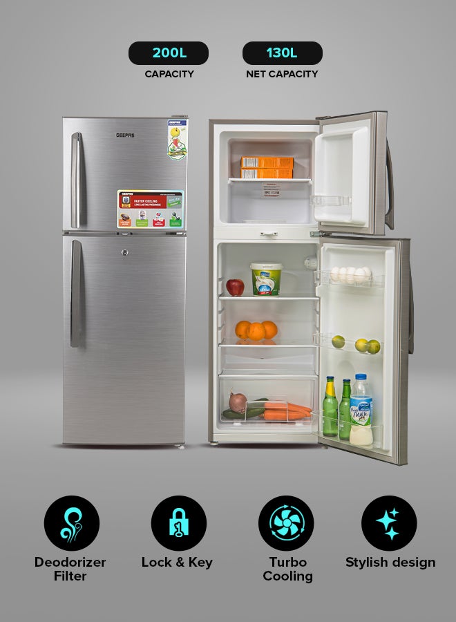 GEEPAS - 200L Gross/130L Net Capacity, Direct Cool Double Door Defrost Refrigerator With Grip Handle| Silver Finish, Glass Shelves, Transparent Door Basket, Adjustable Front Wheel, Lock & Key, Low Noise, Quick Cooling, Low Voltage,Freezer- 40L capacity GRF2209SXE Silver - Image 1