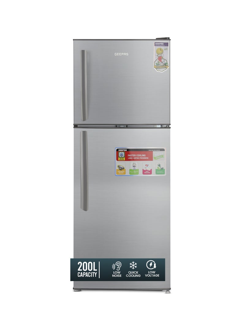 GEEPAS 200L Gross/138L Net Capacity, Direct Cool Double Door Defrost Refrigerator With Grip Handle| Silver Finish, Glass Shelves, Transparent Door Basket, Adjustable Front Wheel, Lock & Key, Low Noise, Quick Cooling, Low Voltage,Freezer- 40L capacity GRF2209SXE Silver - Image 1