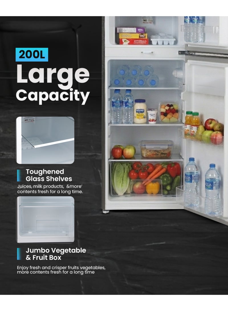 GEEPAS 200L Gross/138L Net Capacity, Direct Cool Double Door Defrost Refrigerator With Grip Handle| Silver Finish, Glass Shelves, Transparent Door Basket, Adjustable Front Wheel, Lock & Key, Low Noise, Quick Cooling, Low Voltage,Freezer- 40L capacity GRF2209SXE Silver - Image 5